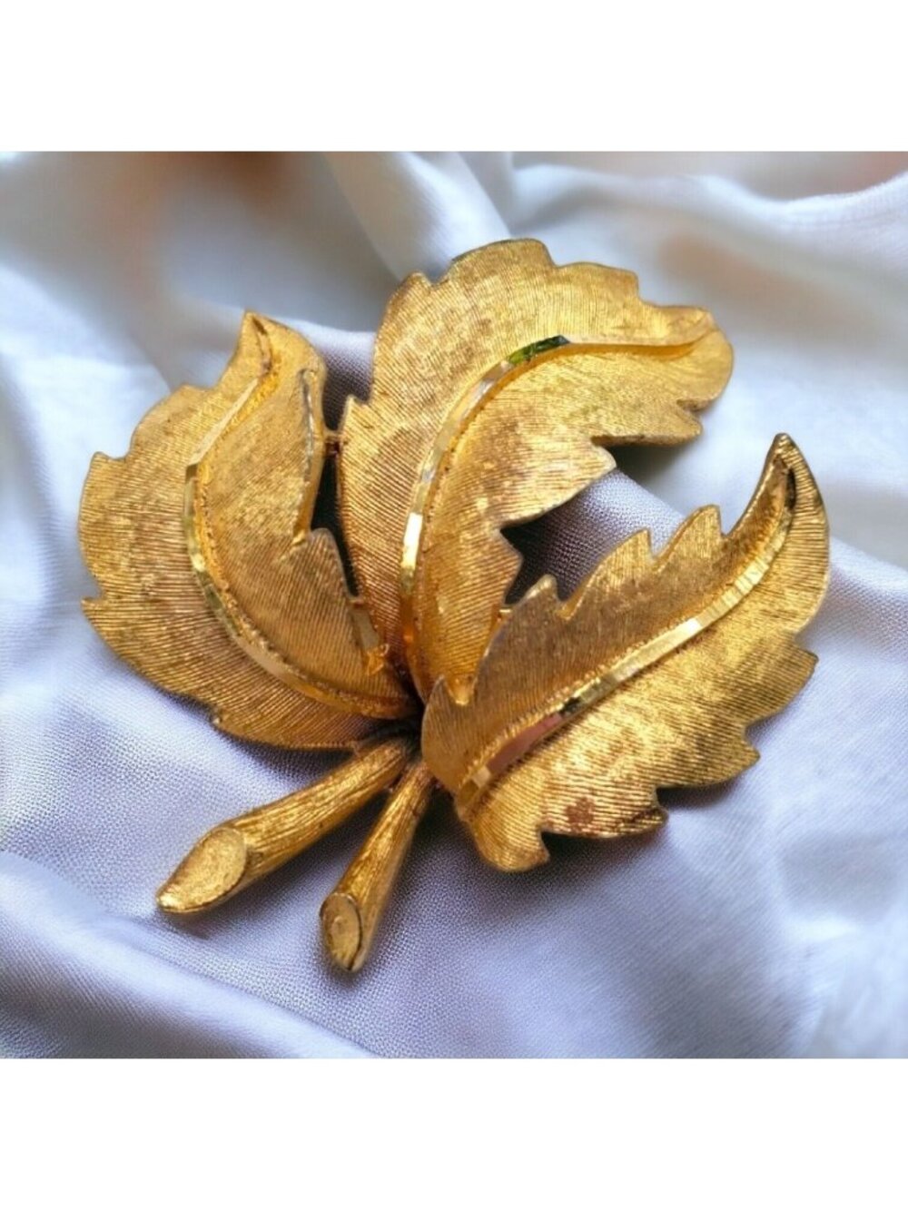 Vintage Signed BSK Brooch Pin Triple Leaf Gold Tone Textured 2-1/4" Statement